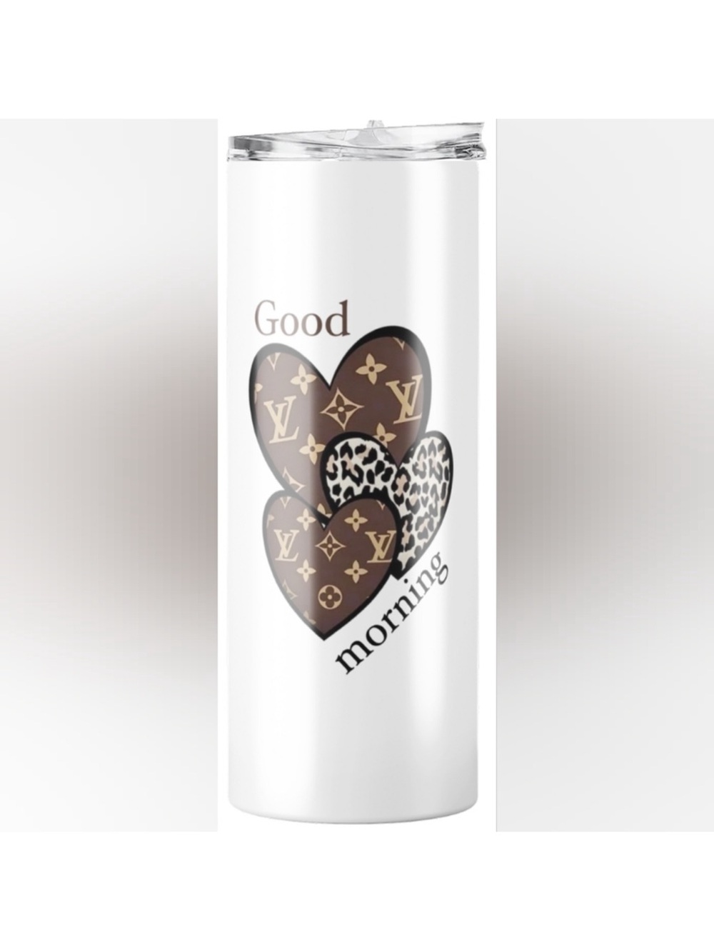 VIP White Travel Mug with Brown Monogram & Leopard Heart Accents